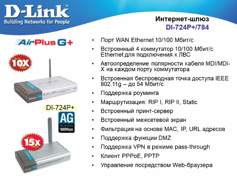 Интернет-шлюз  DI-724P+/784 Порт WAN Ethernet 10/100 Мбит/с Встроенный 4 коммутатор 10/100 Мбит/с Ethernet